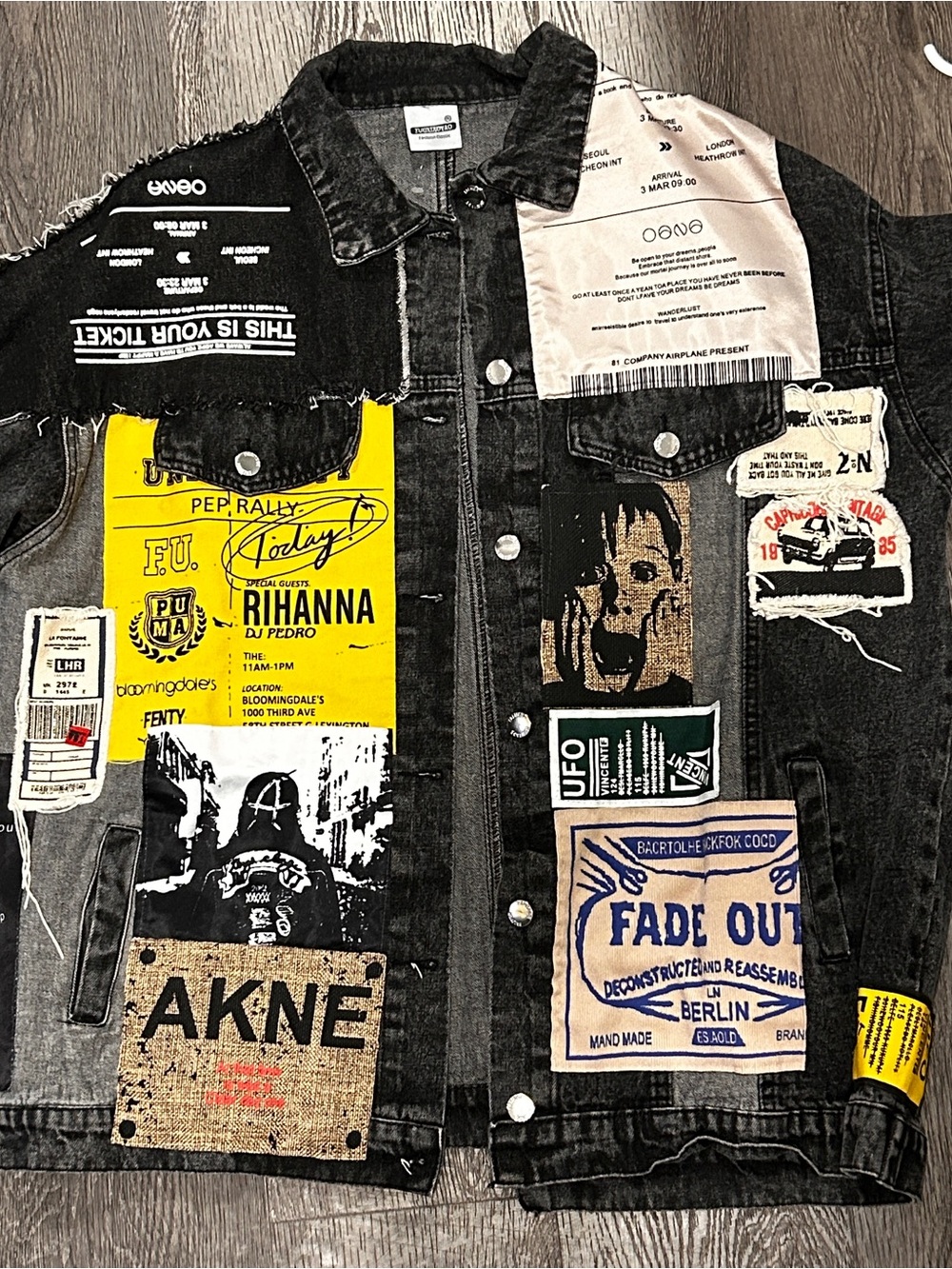 Black Patchwork Denim Bomber Jacket with Mixed Patches